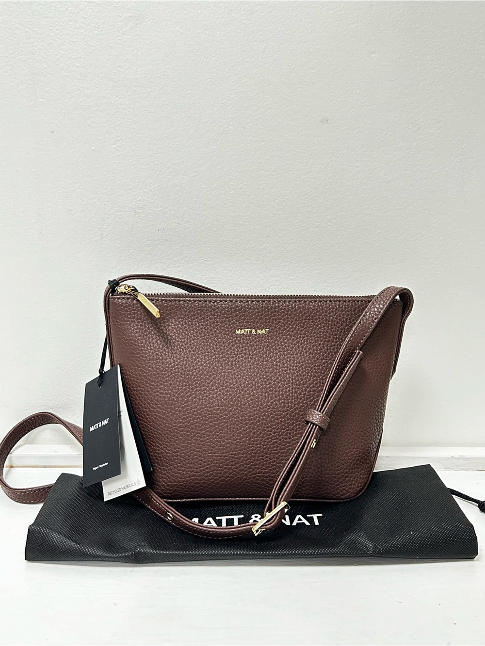 Matt & Nat Sam Vegan Leather Crossbody Bag Brown Pebbled Adjustable Strap NWT